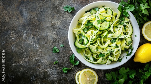 Light spring cucumber pasta salad in white bowl, fresh herbs and lemon slices on the side, overhead view with copy space for text