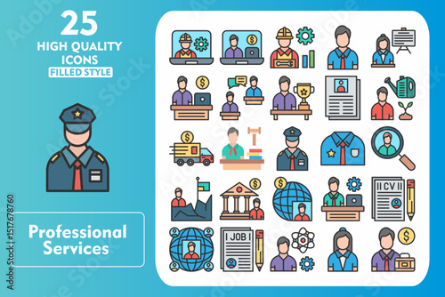 Professional services Line Filled Icon Set. Incleded Icons Online Workers, Online Job, Worker, Man, Teacher, Office, Communication, Winner, Resume. Vector Icons Collection