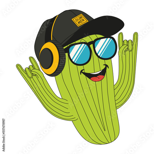 Summer vibe. Vector illustration of cool mexican cactus in sunglasses and headphones. Whimsical cactus isolated transparent. Perfect t-shirt print template design. EPS 10