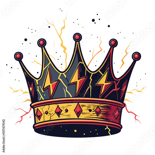 Render a shattered neon crown, vibrant colors, glitch effect, sparking electric energy, dark background.  Emphasis on fractured pieces and glowing edges.