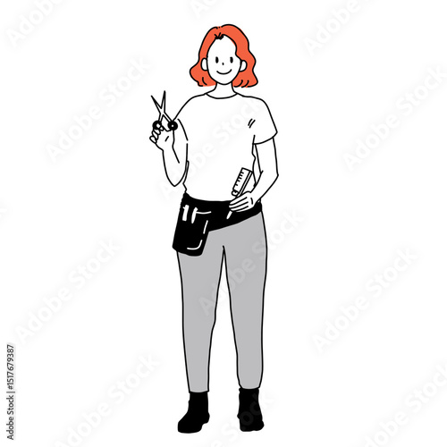 笑顔の女性美容師のイラスト（全身・ハサミ・コーム付き）