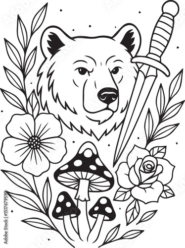 Tattoo Style Coloring Page for Adults –Printable Intricate Line Art for Relaxation, Stress Relief, and Mindful Coloring and Hobby Time