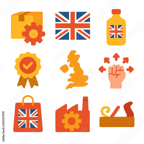 Made in the UK icon set for British manufacturing. Suitable for presentations, websites, and promotional materials for UK-based businesses.