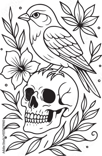 Tattoo Style Coloring Page for Adults –Printable Intricate Line Art for Relaxation, Stress Relief, and Mindful Coloring and Hobby Time