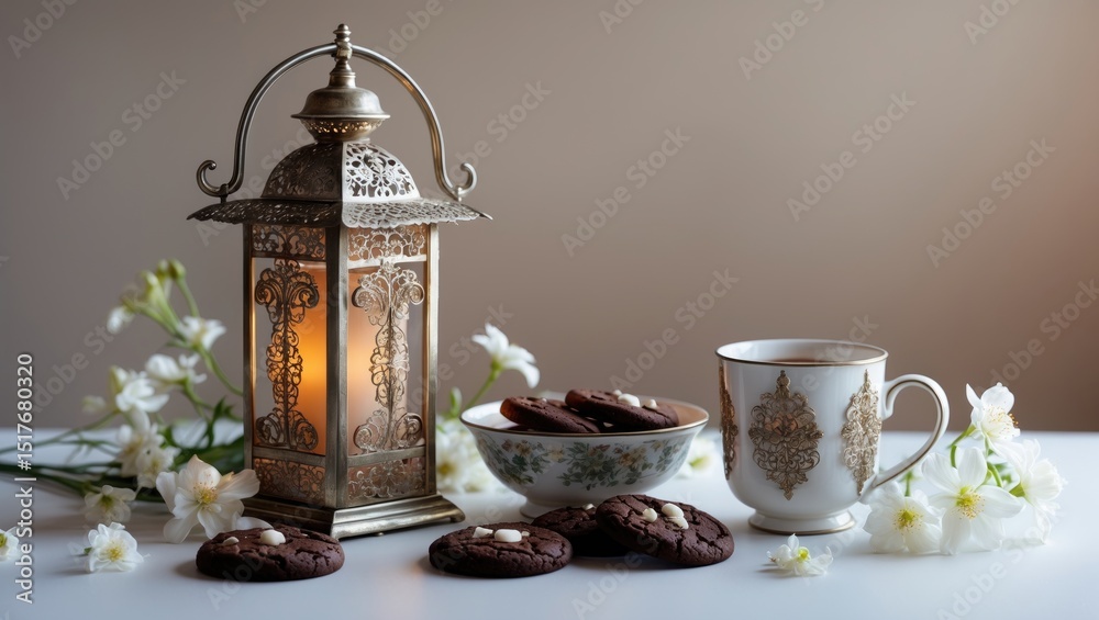 Fototapeta premium Eid ul Fitr celebration card showcasing dates, blossoms, tea, and glowing lanterns in an oriental setting