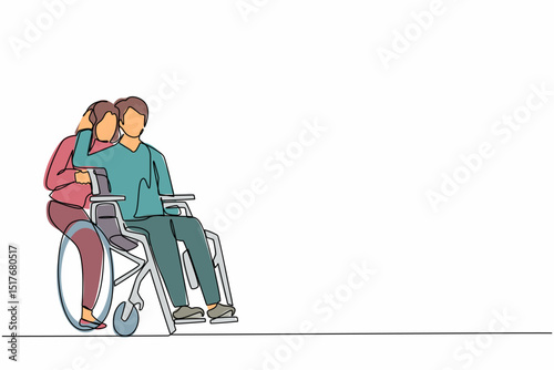 Single one line drawing man sitting in wheelchair while wife standing behind and hugging him. Woman supporting husband during rehabilitation. Relationship concept. Continuous line draw design vector