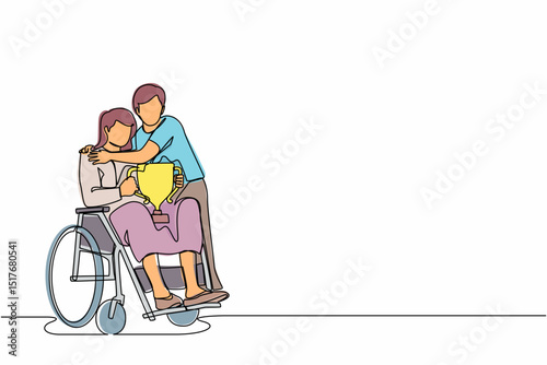 Continuous one line drawing disability woman on wheelchair with trophy cup sharing her joy from achievements and victory with her husband. Disabled people success in sport. Single line design vector