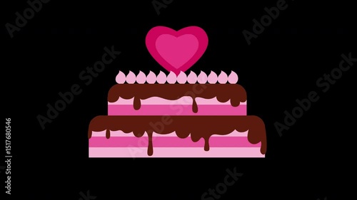 Delightful Two-Tiered Cake with Chocolate Drizzle and Heart Topper Animation on a Transparent Background