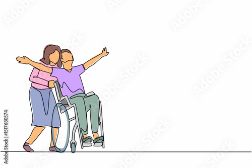 Single continuous line drawing happy disabled man in wheelchair on walk with his loving wife outdoors, having fun, spending time together. Impaired couple enjoying fun day. One line draw design vector