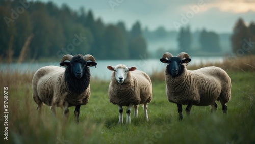 Adorable sheep and livestock in a lush green countryside with hills and a river during autumn