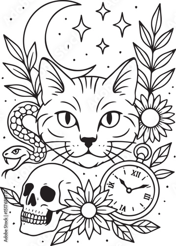 Tattoo Style Coloring Page for Adults –Printable Intricate Line Art for Relaxation, Stress Relief, and Mindful Coloring and Hobby Time