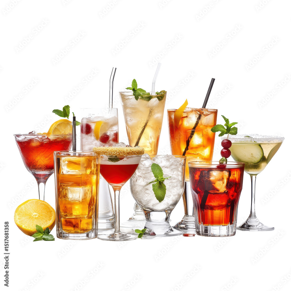 Fototapeta premium Colorful Assortment of Refreshing Cocktails and Drinks on a White Background on transparent background