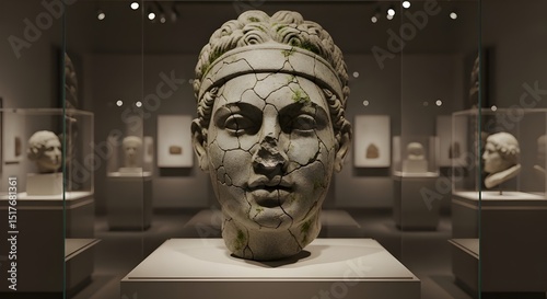 Bronze Mask on Display in Museum   Intricate stone carving featuring spiral eyes symbolizing wisdom and the universe gazing at observers in a historical setting 