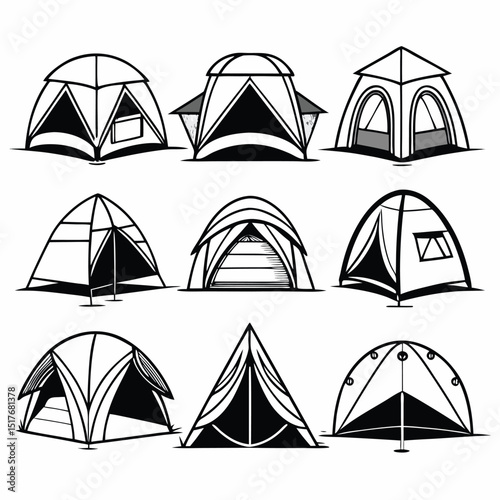Collection of Camping Tents in Black and White Outline Style