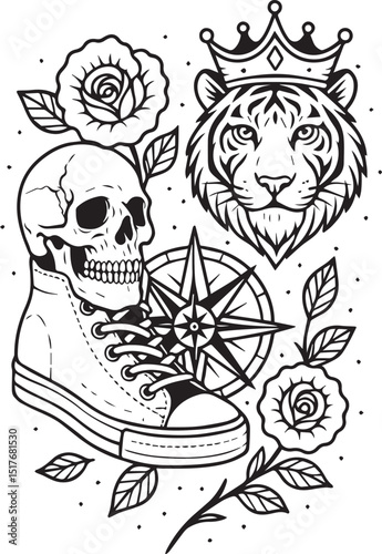 Tattoo Style Coloring Page for Adults –Printable Intricate Line Art for Relaxation, Stress Relief, and Mindful Coloring and Hobby Time