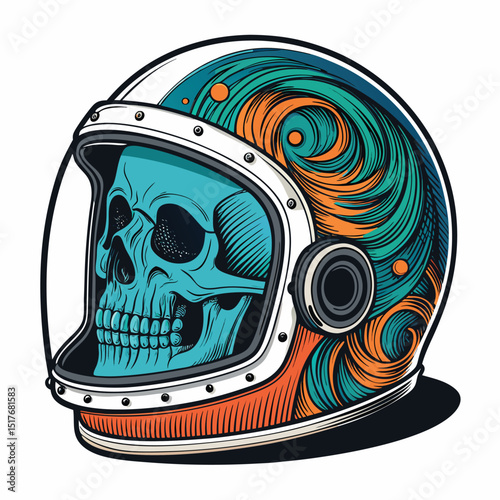 A human skull, meticulously detailed, encased within a transparent glass helmet brimming with vibrant, swirling digital liquid.  The liquid glows with an ethereal, otherworldly light.