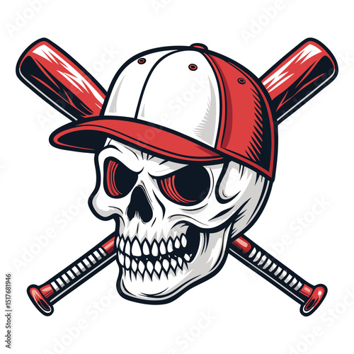 A human skull, adorned with a backwards baseball cap, crossed baseball bats resting on top.  Dark, moody, artistic rendering.