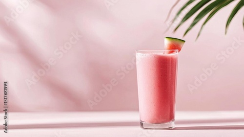 Tall glass filled with a pink-colored drink. the drink appears to be a smoothie or a milkshake, with a slice of watermelon on the rim.