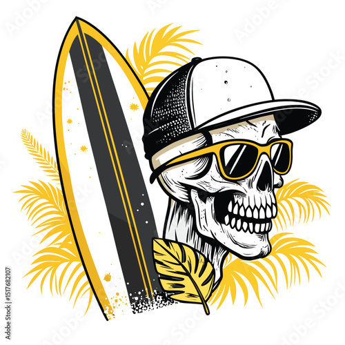 A human skull wearing cool sunglasses, positioned before a vibrant surfboard;  beachy, summery vibe.