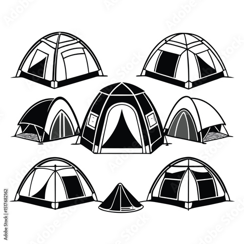 Camping Tent Vector Set in Black and White for Outdoor Adventure