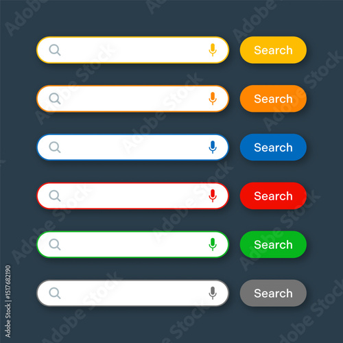 Various search bar templates. Internet browser engine with search box, address bar and text field. UI design, website interface element with web icons and push button. Vector illustration