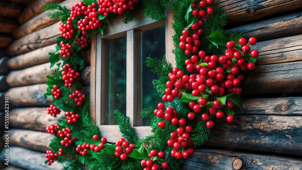 Fototapeta premium Rustic wooden house decorated for Christmas with festive elements and empty space for personalization