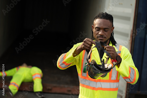 African worker with high visibility safety gear puts on protective gas mask and lie down friend industrial worker has accident about toxic gas