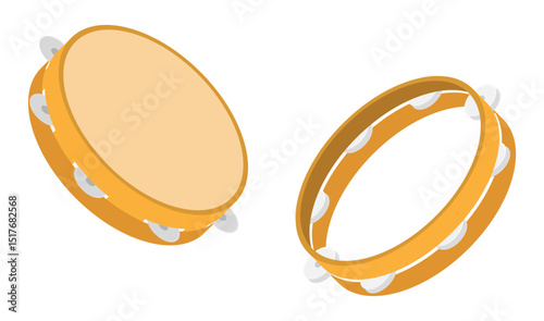 Isometric tambourine musical instrument top view. Folk instrument for beating out rhythm of musical composition. Realistic 3D vector concept isolated on white background