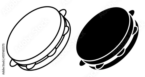 Linear icon, isometric tambourine musical instrument top view. Folk instrument for beating out rhythm of musical composition. Simple black and white top view vector isolated on white background