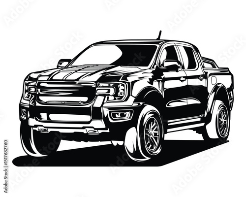 Black and white pickup truck drawing vector illustration