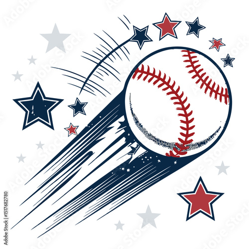 A baseball, leaving a smoky trail, hurtles through a night sky strewn with stars and a vibrant, stylized banner.