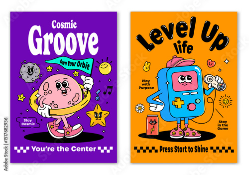 Vibrant poster set featuring a funky game controller and a groovy planet with a flag. A playful tribute to dreaming big and leveling up life. Perfect for retro art lovers and creative interiors