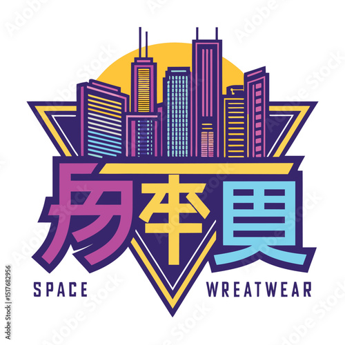 Design a futuristic streetwear logo featuring neon kanji characters integrated with a stylized city 'V' symbol, evoking a space-age aesthetic.
