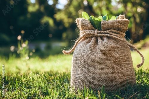 A burlap sack filled with fresh greens placed on lush grass in a serene outdoor setting photo