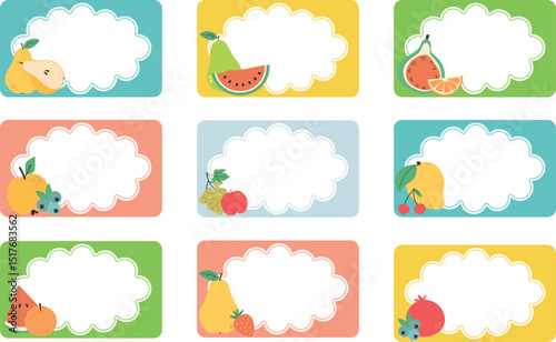 Name tags, school labels, name cards, stickers for kids, toddlers, baby. Kids clothes stickers, lunchbox tag with cute fruits. Shaped classroom labels, memo pad, markers for school stationery. 