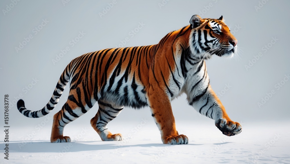 Obraz premium Side profile of a walking tiger looking upward isolated on white background
