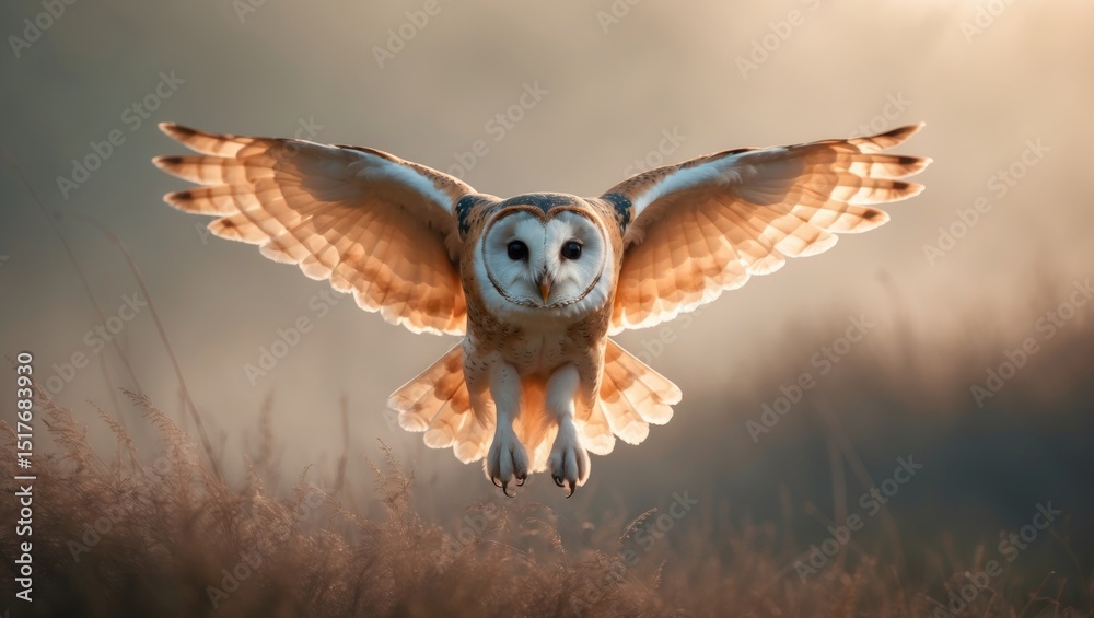 Fototapeta premium Barn Owl soaring through the snow at dawn