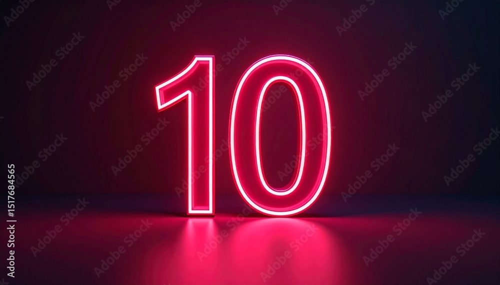 3D rendering of a metallic number 10 with curved red neon lines on a background. 3D rendering of a metallic number 10 with curved red neon lines on a background.