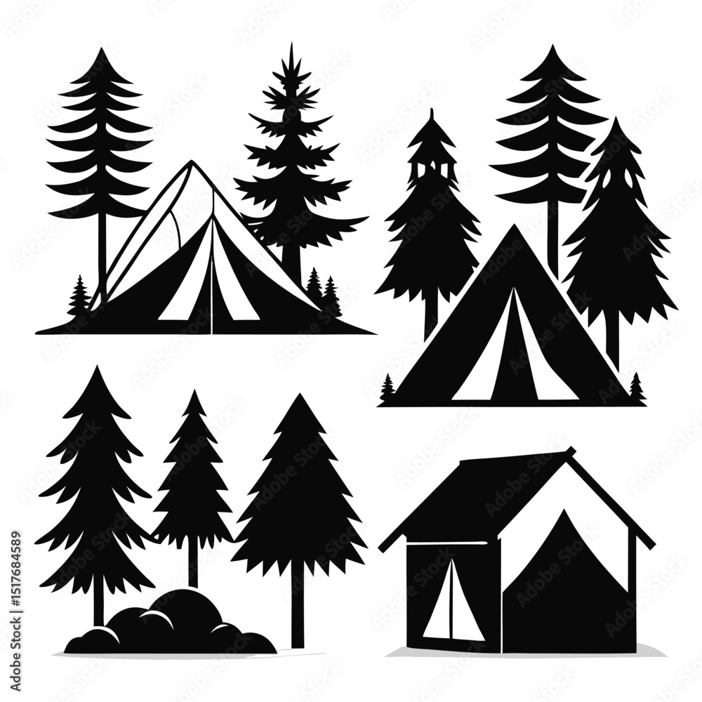 Obraz premium Camping Tents and Pine Trees in Black Silhouette Vector Illustration