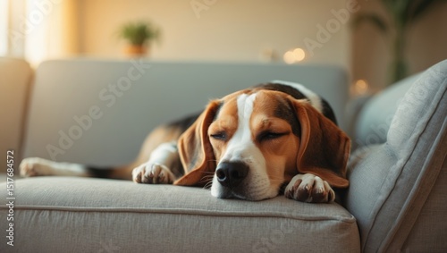 Beagle relaxing on a comfy couch photo