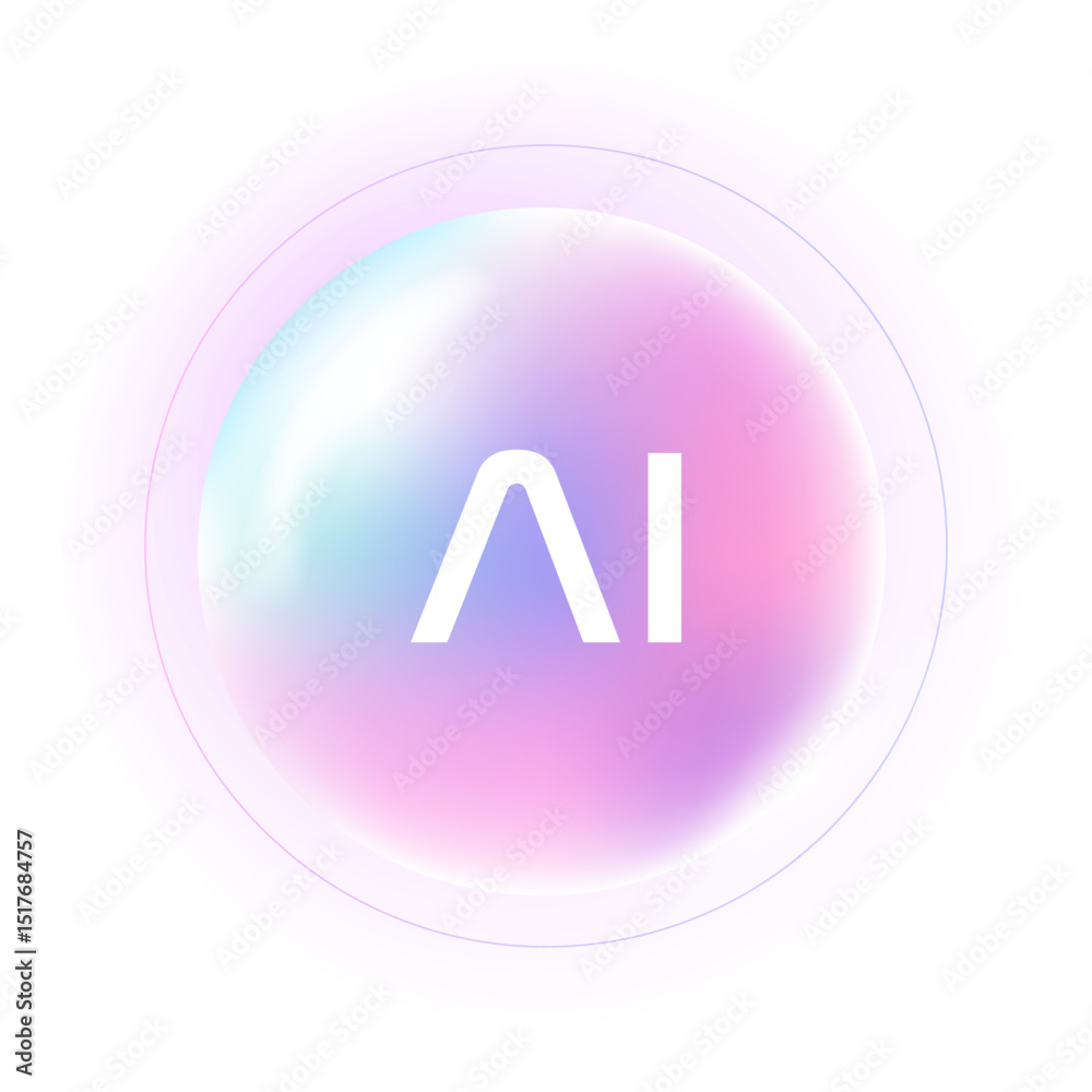 AI Assistant App Interface of AI Chatbot for Artificial Intelligence Concept. Holography Vibrant Gradient Abstract Circle Background. Neon Futuristic Glow Button with Purple Line and Title.
