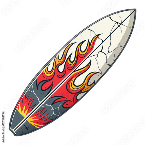 Design a streetwear-style graphic featuring a cracked surfboard, emphasizing urban decay and coastal vibes.  Include bold lines and a gritty texture.
