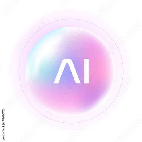AI Assistant App Interface of AI Chatbot for Artificial Intelligence Concept. Holography Vibrant Gradient Abstract Circle Background. Neon Futuristic Glow Button with Purple Line and Title.