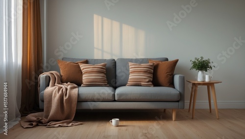 Elegant living room interior featuring a grey sofa with beige pillows and a minimalist Scandinavian design