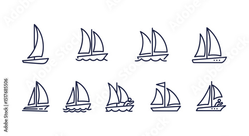 Collection of Blue Sailing Sailboat Line Icons  Watercraft, Nautical, Yacht, Vessel, Sea