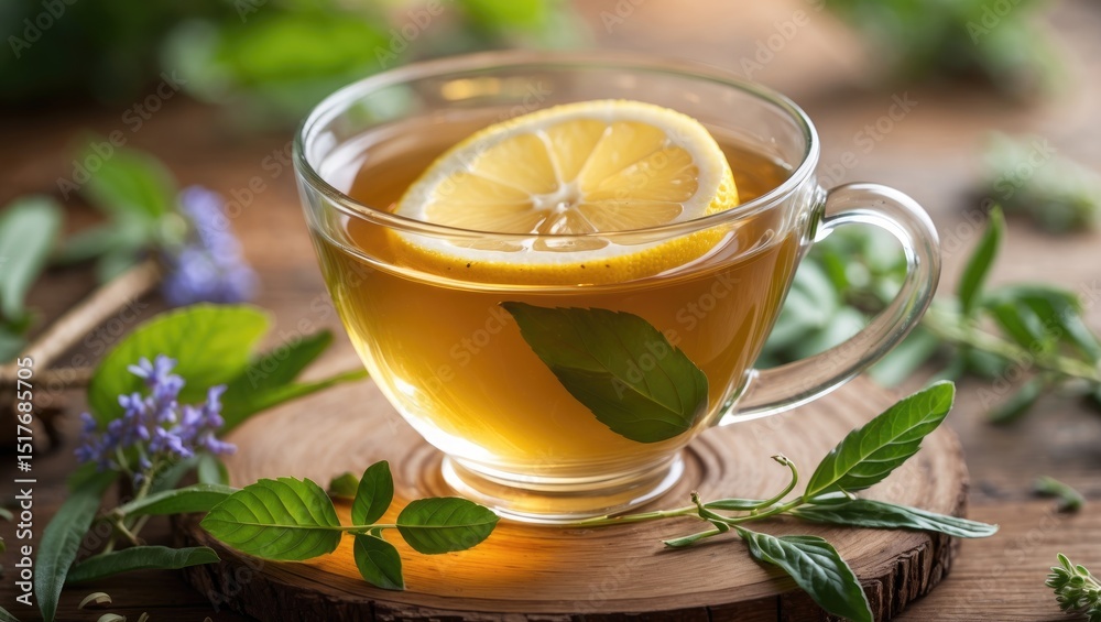 A cup of herbal medicinal tea with linden flowers on a wooden surface amidst fragrant blossoms in sunlight A cup of herbal medicinal tea with linden flowers on a wooden surface amidst fragrant blossoms in sunlight