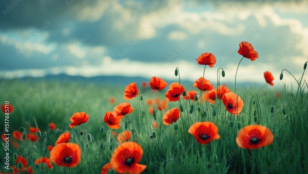 Fototapeta premium A detailed shot of bright red poppies gently swaying outdoors under sunlight, highlighting the natural harmony and floral serenity of the wild field.