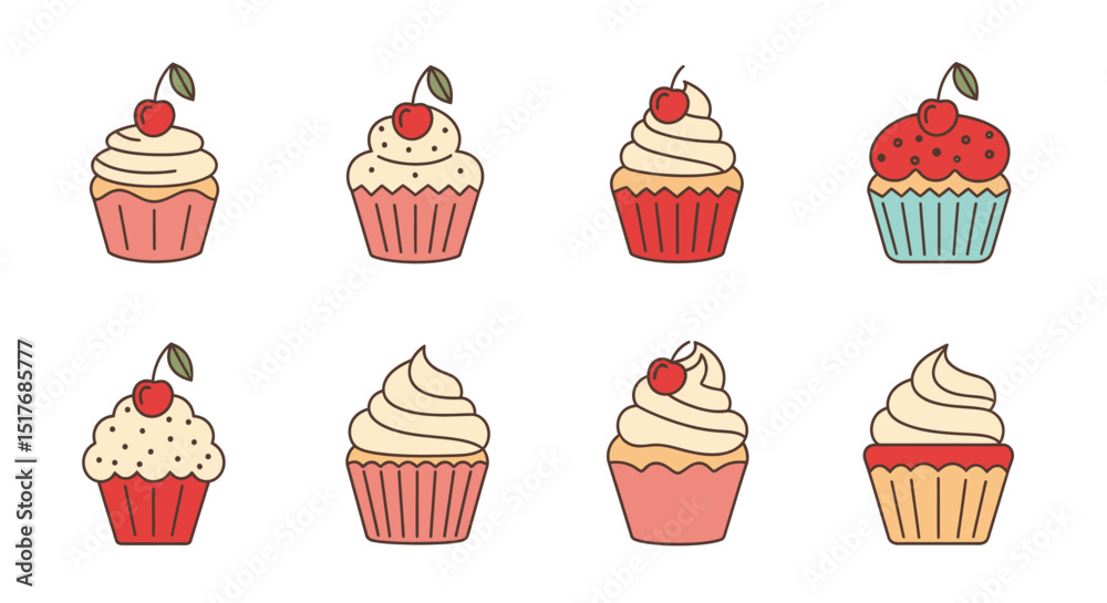 Fototapeta premium Sweet Cherry Cupcakes Delicious Vector Illustration Set