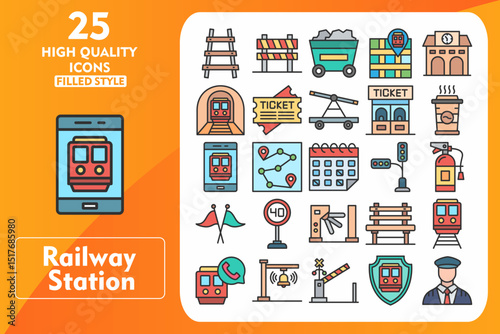 Railway Station Line Filled Icon Set. Incleded Icons Railroad, Route, Bench, Train, Call Center, Bell, Level Crossing, Safety, Driver, Barrier, Trolley. Vector Icons Collection