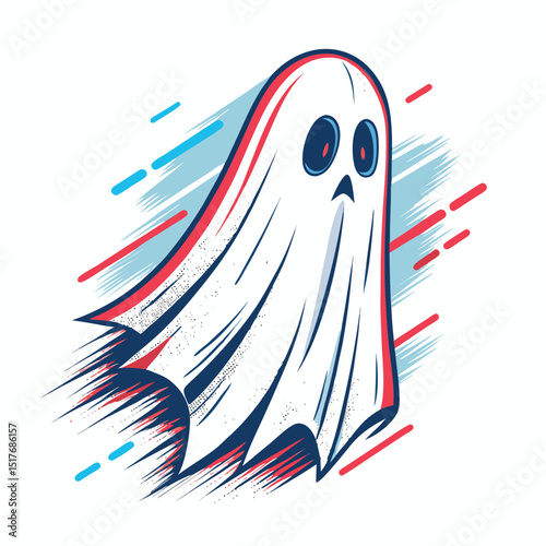 Create a stylized ghost image with RGB color blurring, heavy static texture, and a glitching effect.  Emphasize vibrant, unnatural colors.
